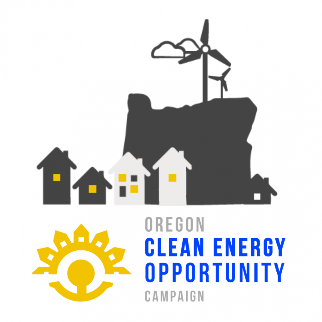 A graphic of many houses with their lights on in front of the outline of the State of Oregon. Wind turbines stick up from the top of the state, and clouds float in the background.
